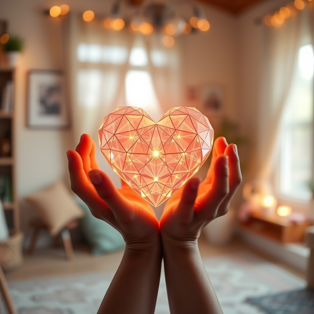 A person's hands gently holding a glowing, intricate AI-generated geometric heart, with warm light spilling through the fingers in a cozy, softly focused room.