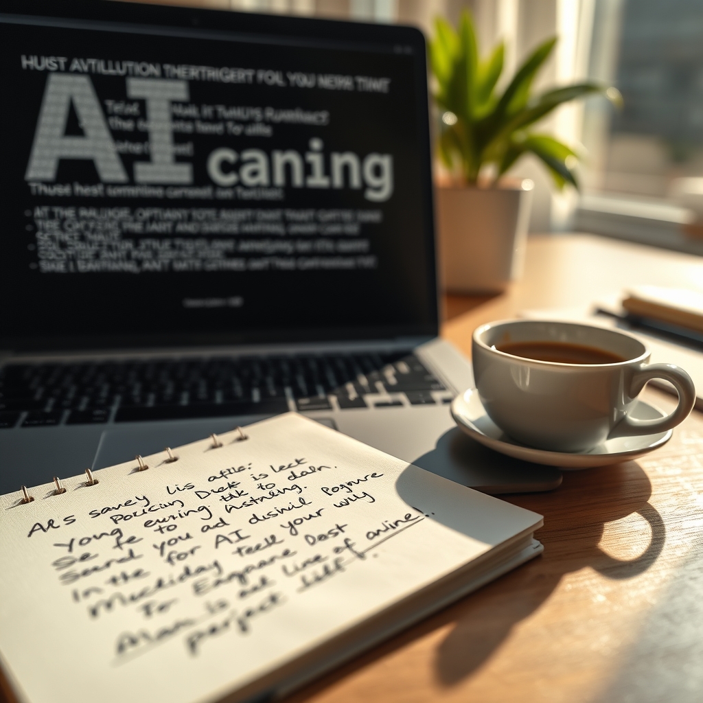 A close-up of a handwritten note next to a laptop showing AI-generated text, with morning sunlight and a cup of coffee on a wooden desk.