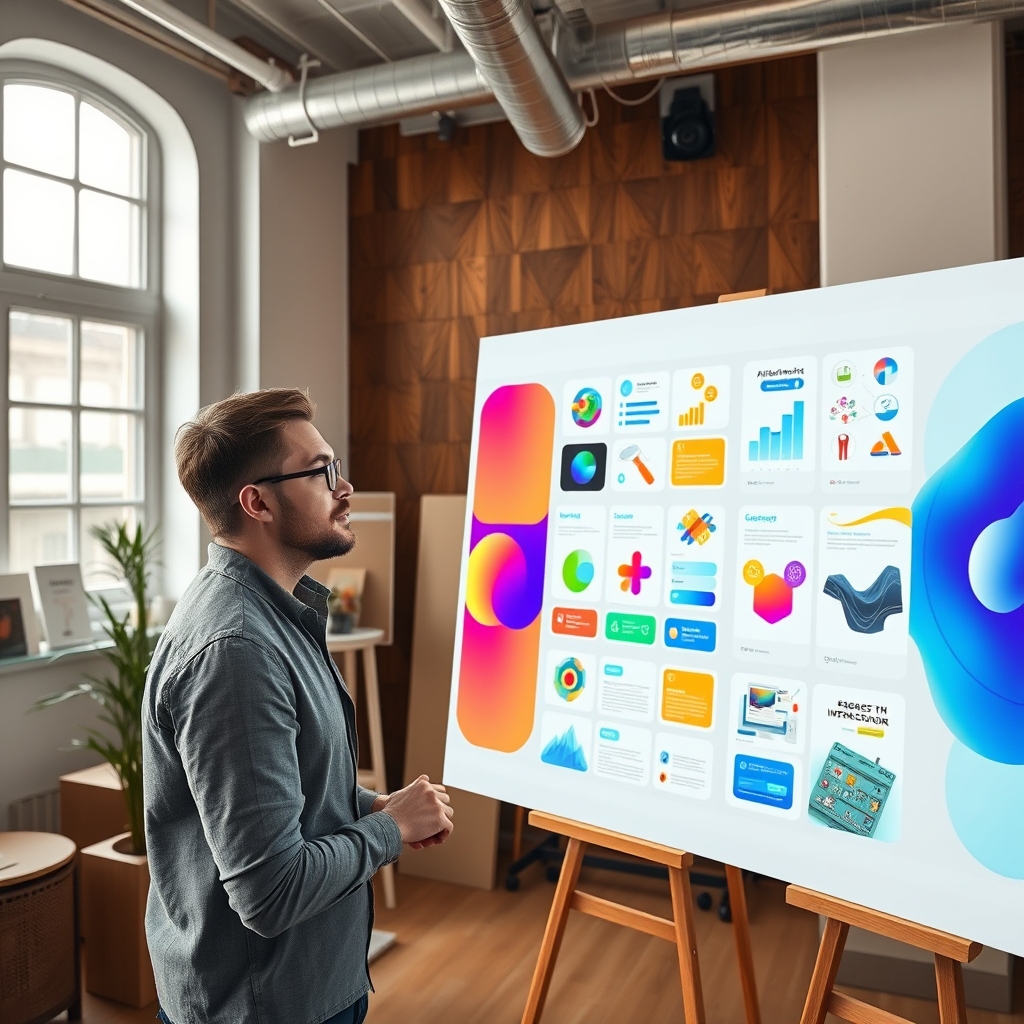 A designer thoughtfully selecting one vibrant concept from multiple AI-generated design options on a large digital canvas in a creative studio.