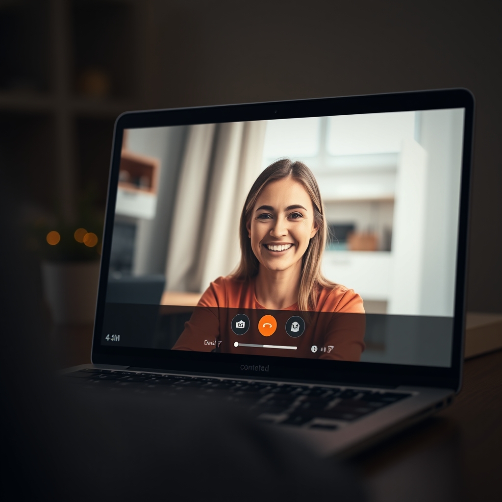 A warm, inviting video call interface on a laptop screen, with soft focus on a person smiling genuinely from the other side, creating a sense of connection.