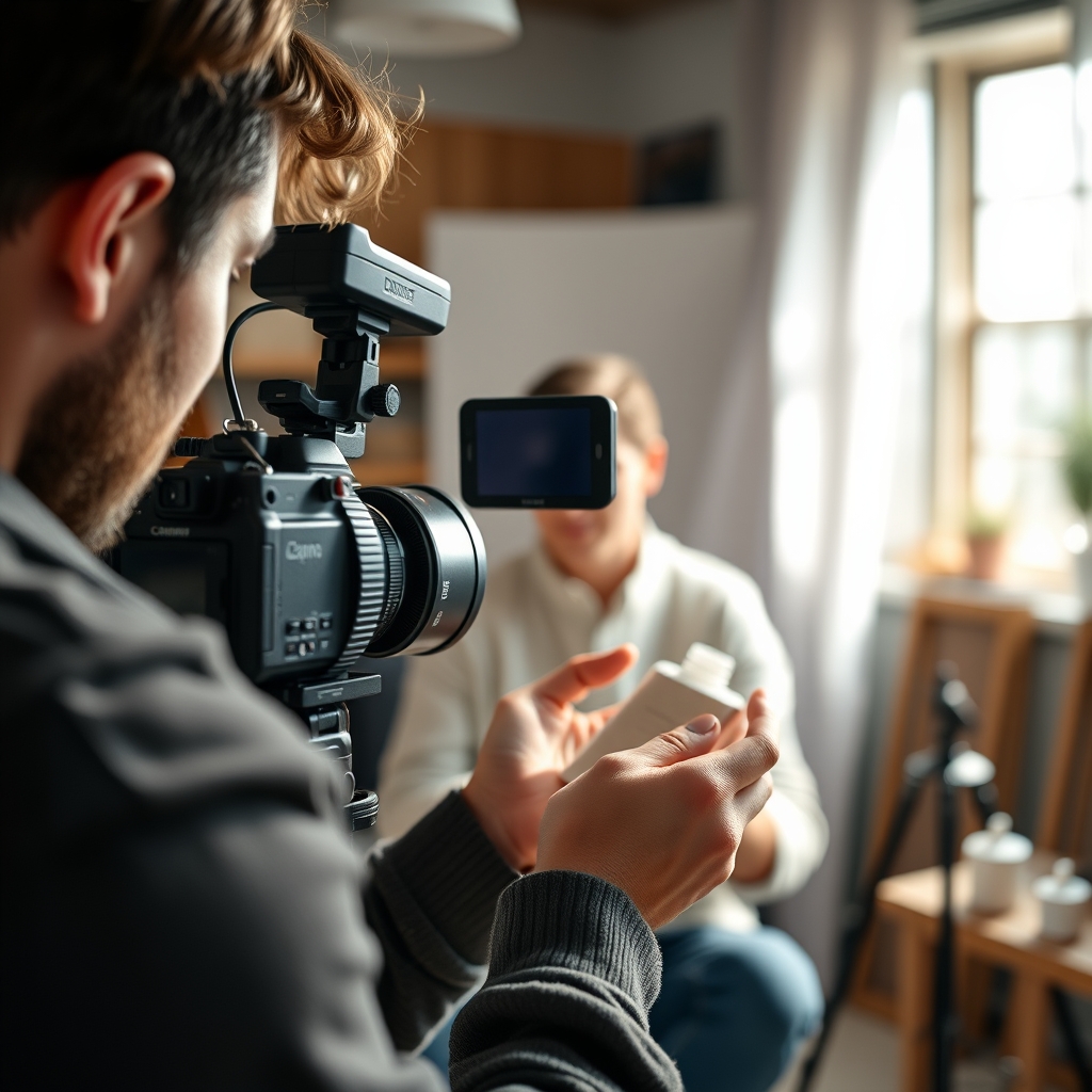 A creator behind the scenes, filming a simple tutorial with natural lighting, focusing on the authentic hands and the product, feeling personal and unpretentious.