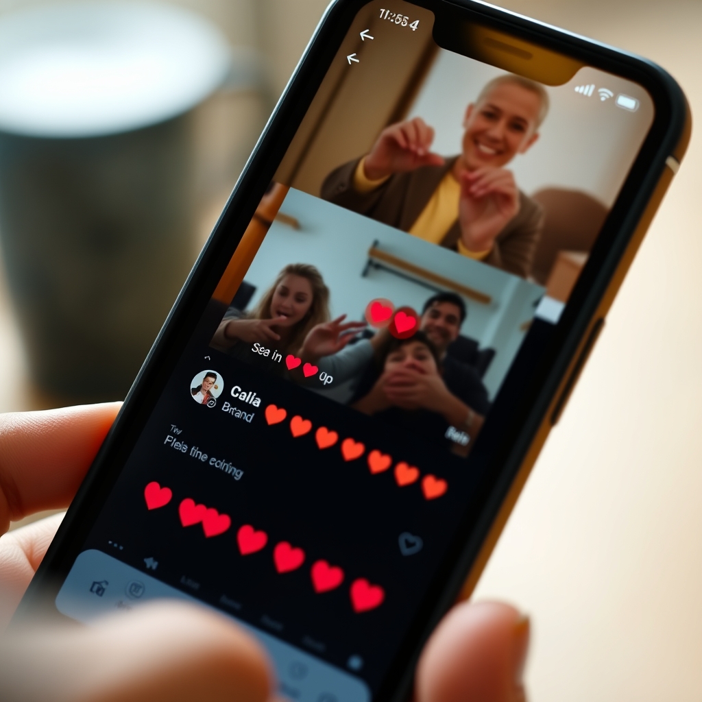 A cozy community feed on a phone screen, filled with user comments and heart reactions on a brand's video post, visualizing an active and engaged relationship.