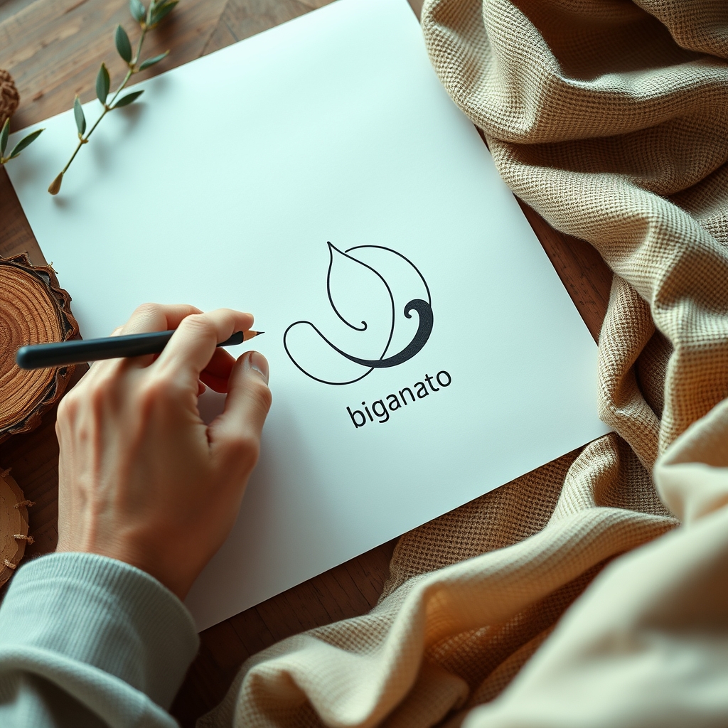 A close-up shot of a designer's hands sketching organic, flowing shapes that gradually transform into a brand's minimalist logo, surrounded by natural materials like wood and raw fabric.