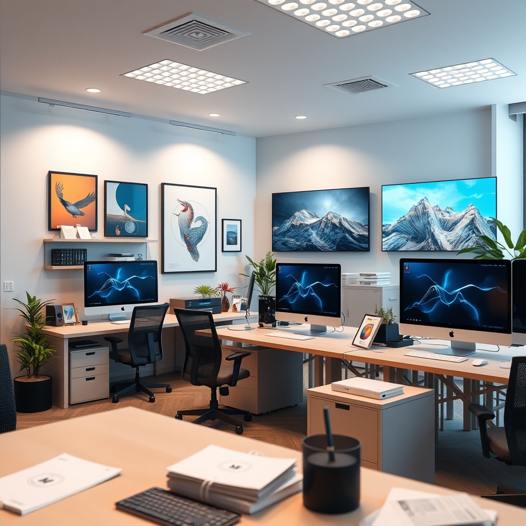 A serene, well-lit office space where every element from the stationery to the wall art and digital screens displays a perfectly cohesive visual identity, creating a harmonious atmosphere.