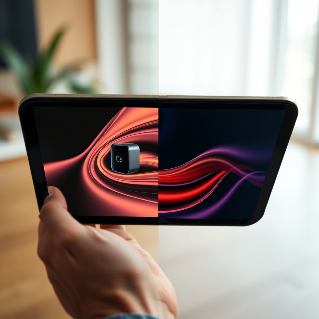 A dynamic split-screen showing a sleek product animation on a digital device alongside a real-life unboxing experience, both sharing the same fluid motion and elegant aesthetic.