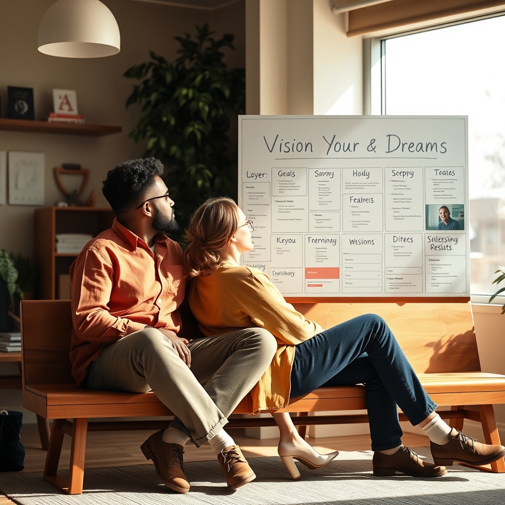 A marketer and a customer sitting side by side on a bench, looking together at the same vision board filled with dreams and goals, in a warm, sunlit office.