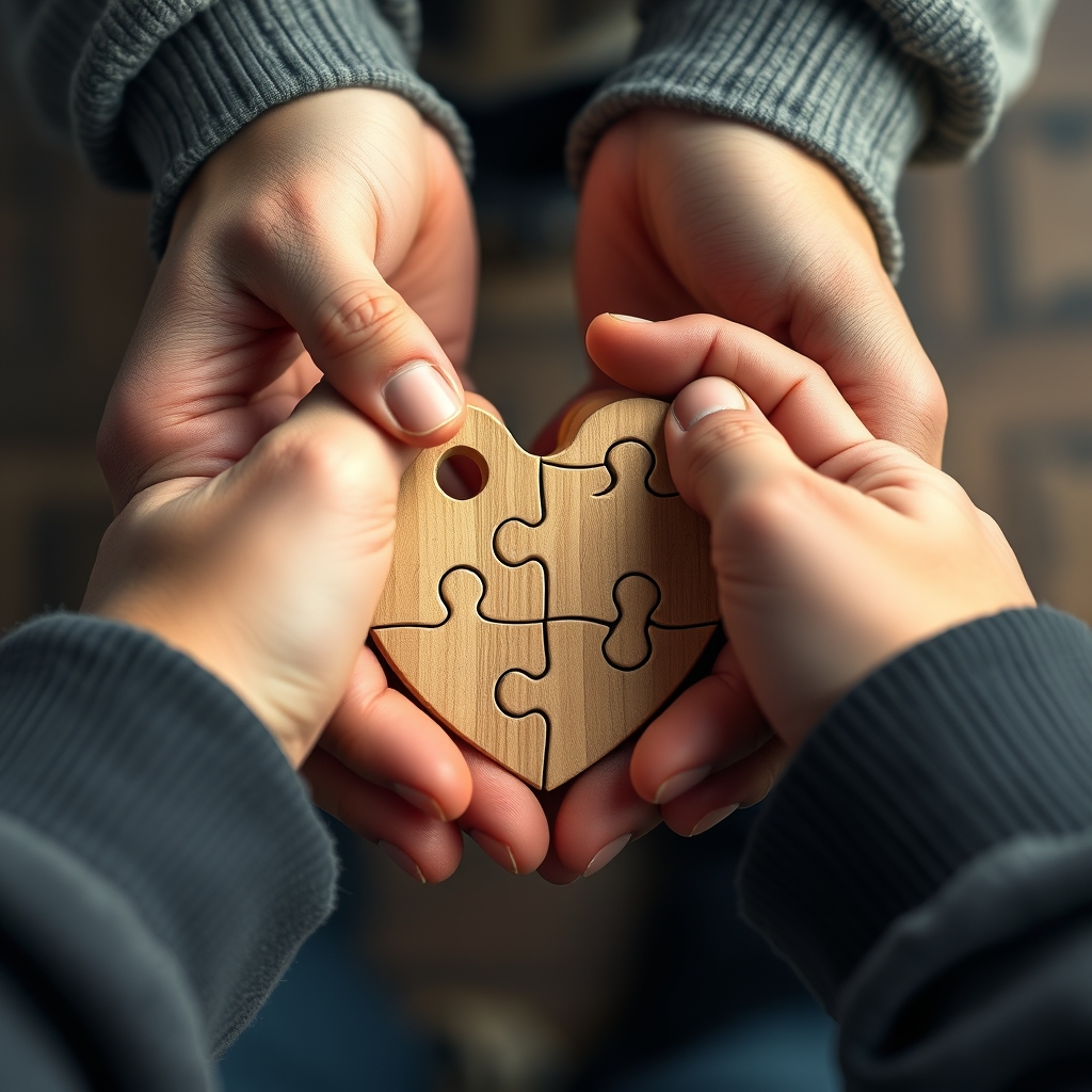 A close-up of two pairs of hands, one representing the brand and one the customer, collaboratively piecing together a puzzle that forms a heart shape.