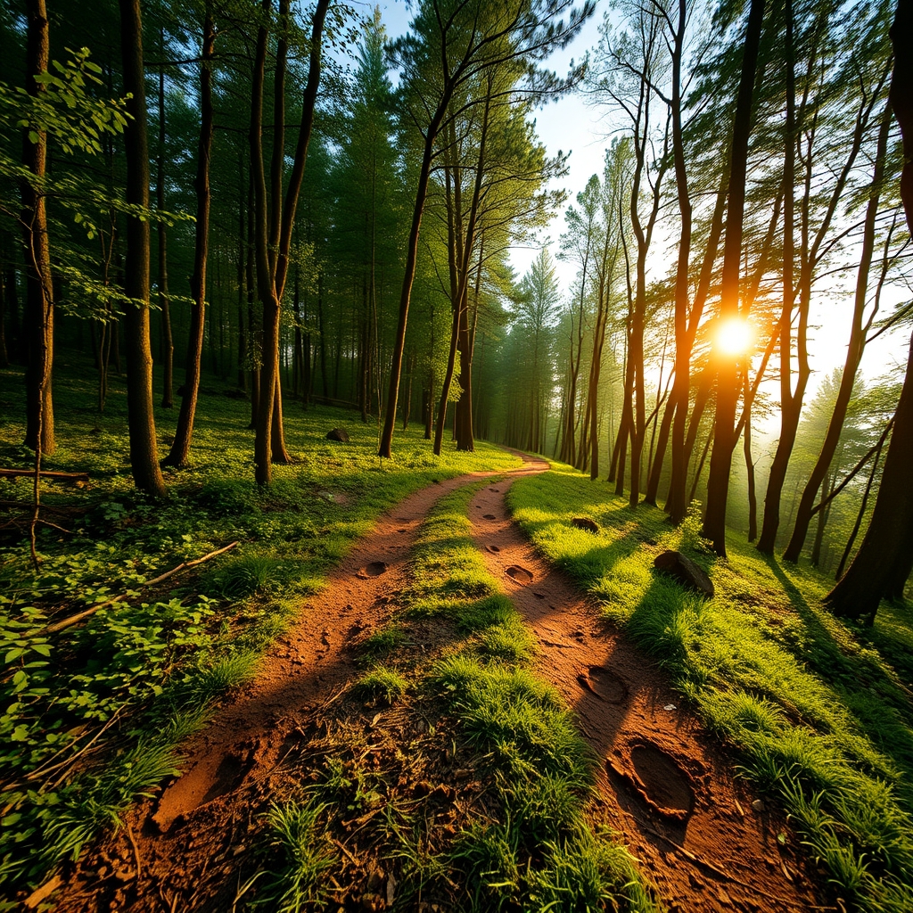 A winding path through a lush forest, with two sets of footprints walking side by side, leading towards a bright, hopeful sunrise.