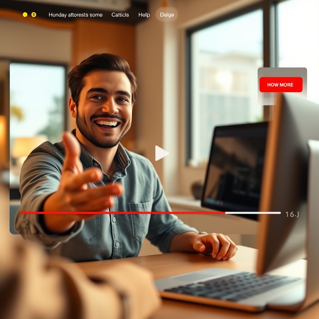 A warm, inviting video thumbnail on a website homepage, showing a smiling person gesturing towards a screen with a simple diagram.