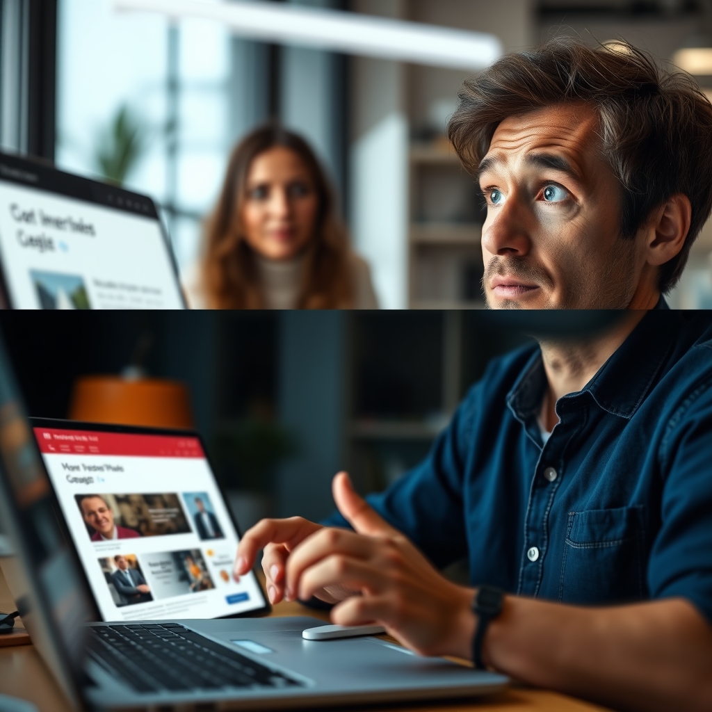 A split-screen image showing a customer looking slightly confused at a website, and then their face lighting up with understanding while watching an explainer video.