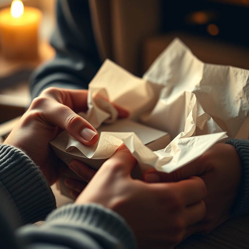 A close-up of hands gently wrapping a product in soft, textured packaging paper, with warm light creating a cozy atmosphere.