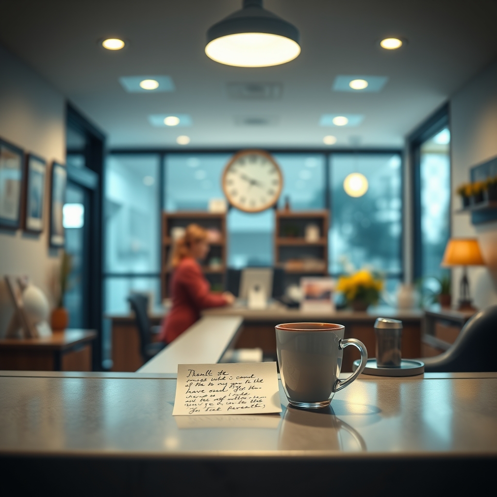 A welcoming, softly lit customer service desk with a handwritten note and a cup of tea, viewed from a customer's perspective.