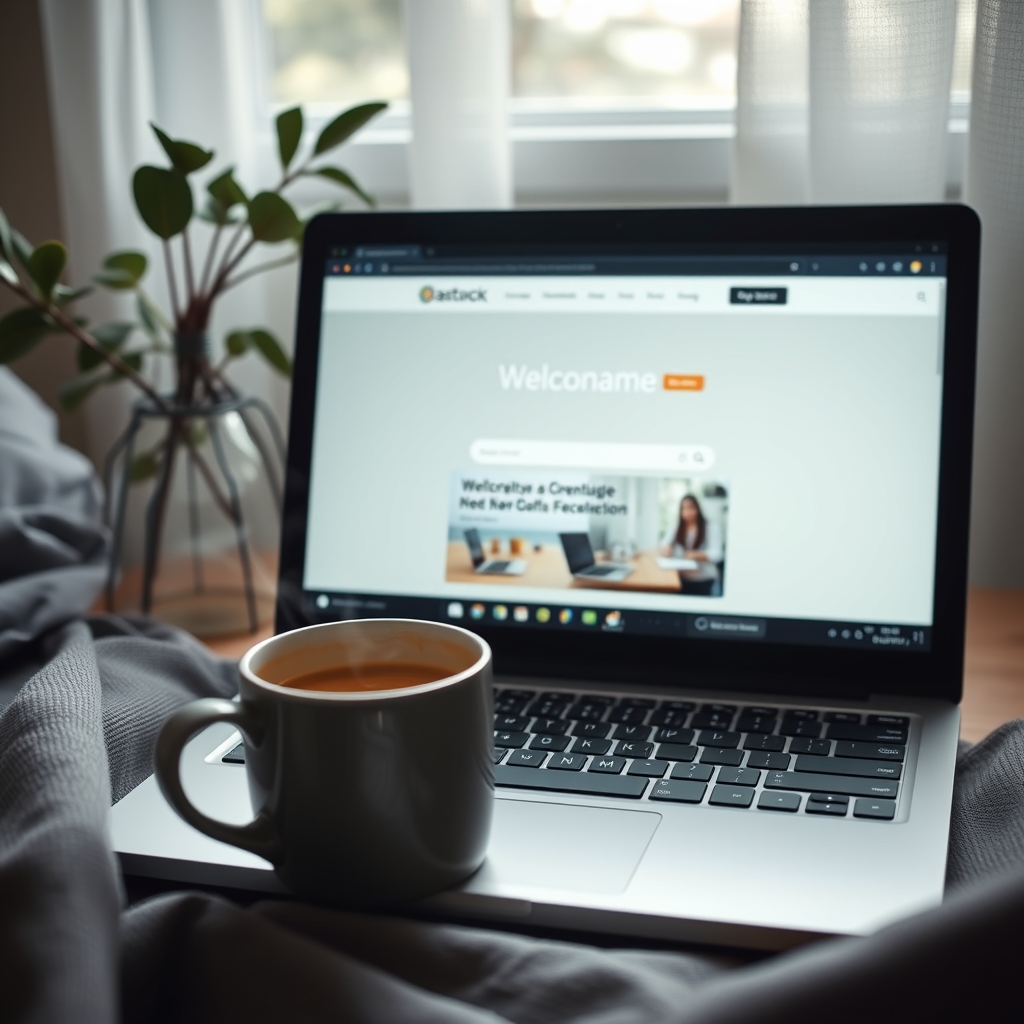 A laptop open to a beautifully designed homepage, with a living plant and a steaming mug beside it, suggesting a comfortable and personal connection.