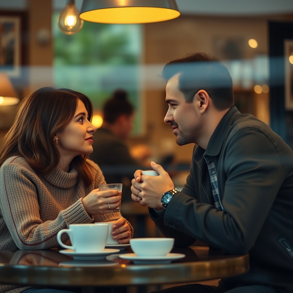 A warm, intimate scene of two people having a deep conversation over coffee, with soft focus and a cinematic feel, representing genuine connection.