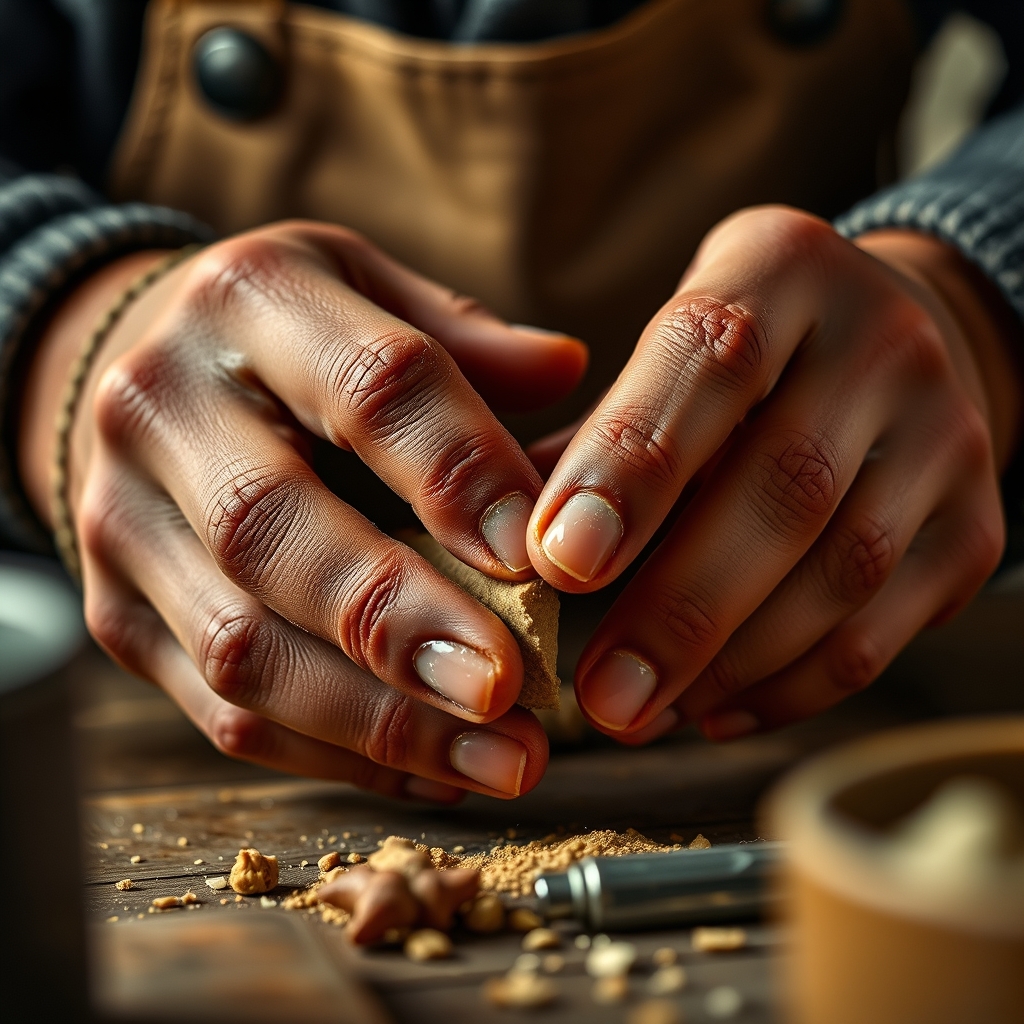 A close-up shot of hands crafting a product with care and attention, highlighting authenticity and human touch in branding.