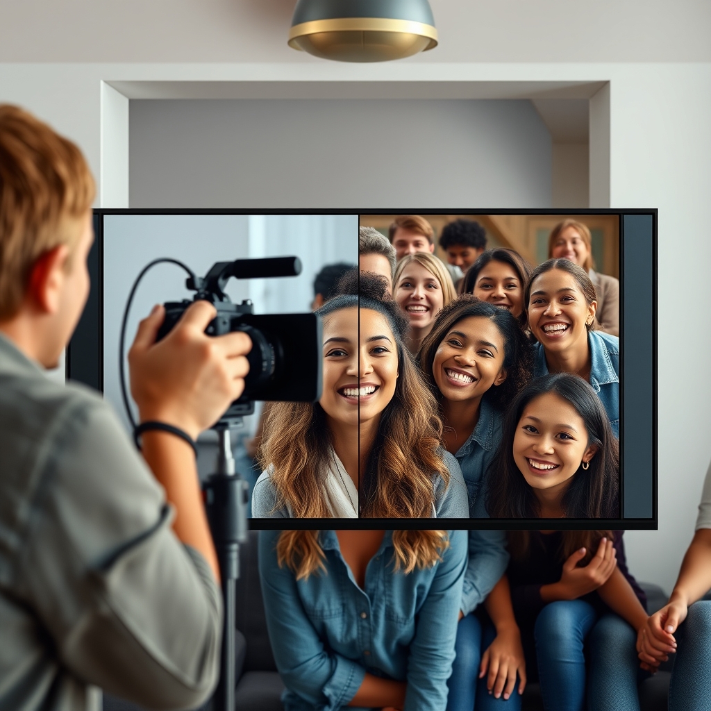 A split-screen image showing a content creator filming on one side and a diverse group of viewers smiling and reacting on the other, symbolizing the two-way conversation of video marketing.