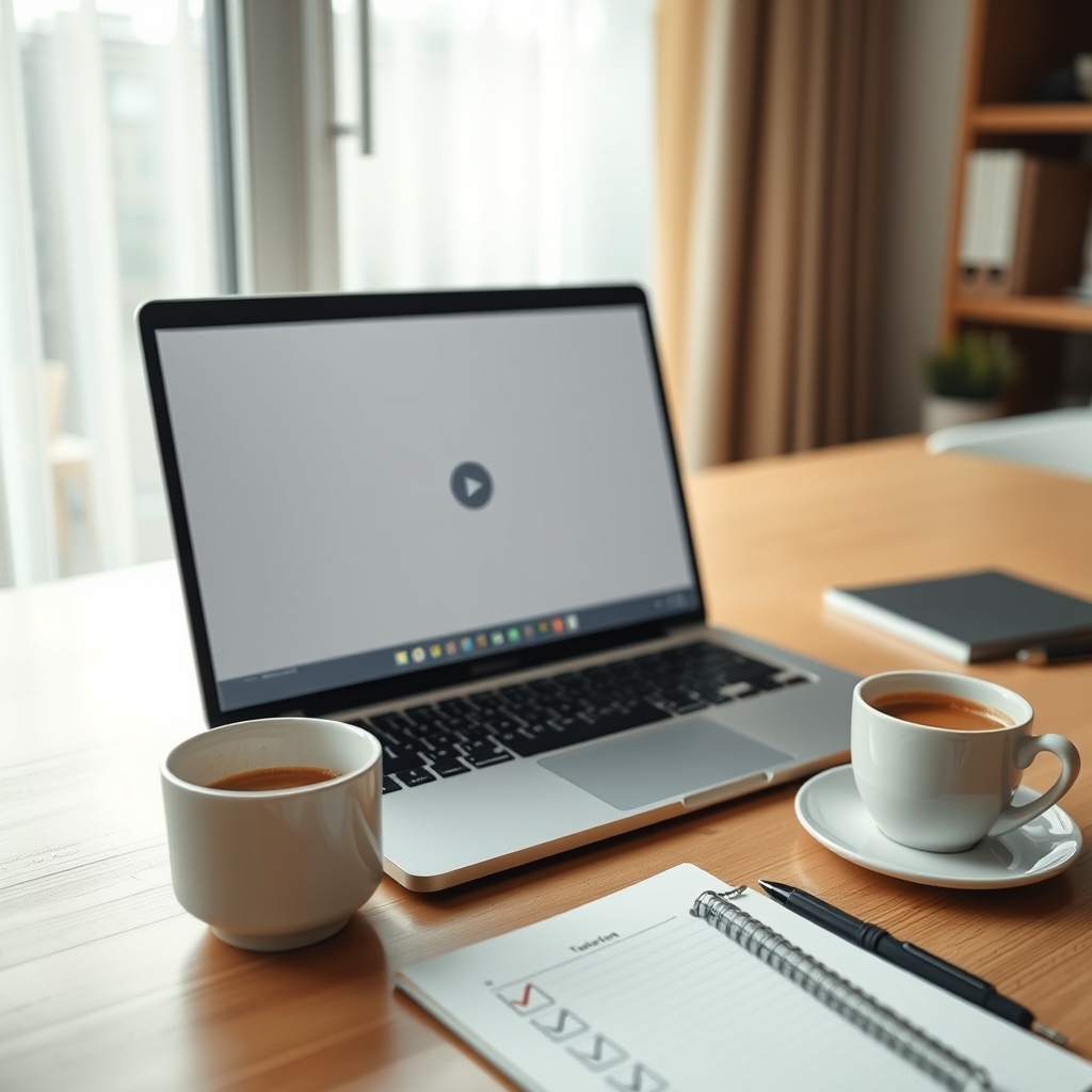 A cozy, well-lit home office desk with a laptop open to a simple, elegant tutorial video, a cup of warm coffee beside it, and a notebook with clear checkmarks.