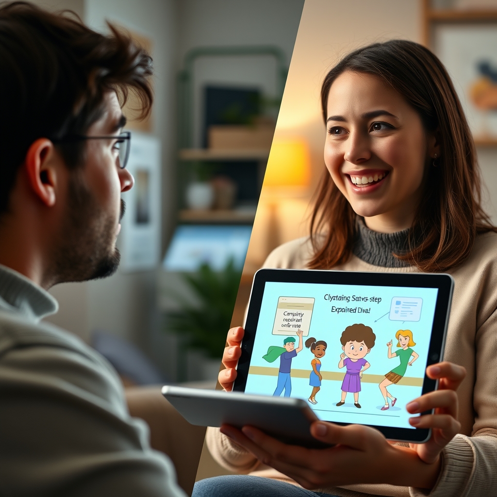 A split-screen image showing a person looking confused at a cluttered webpage on the left, and on the right, the same person smiling while watching a clear, step-by-step animated explainer video on a tablet.