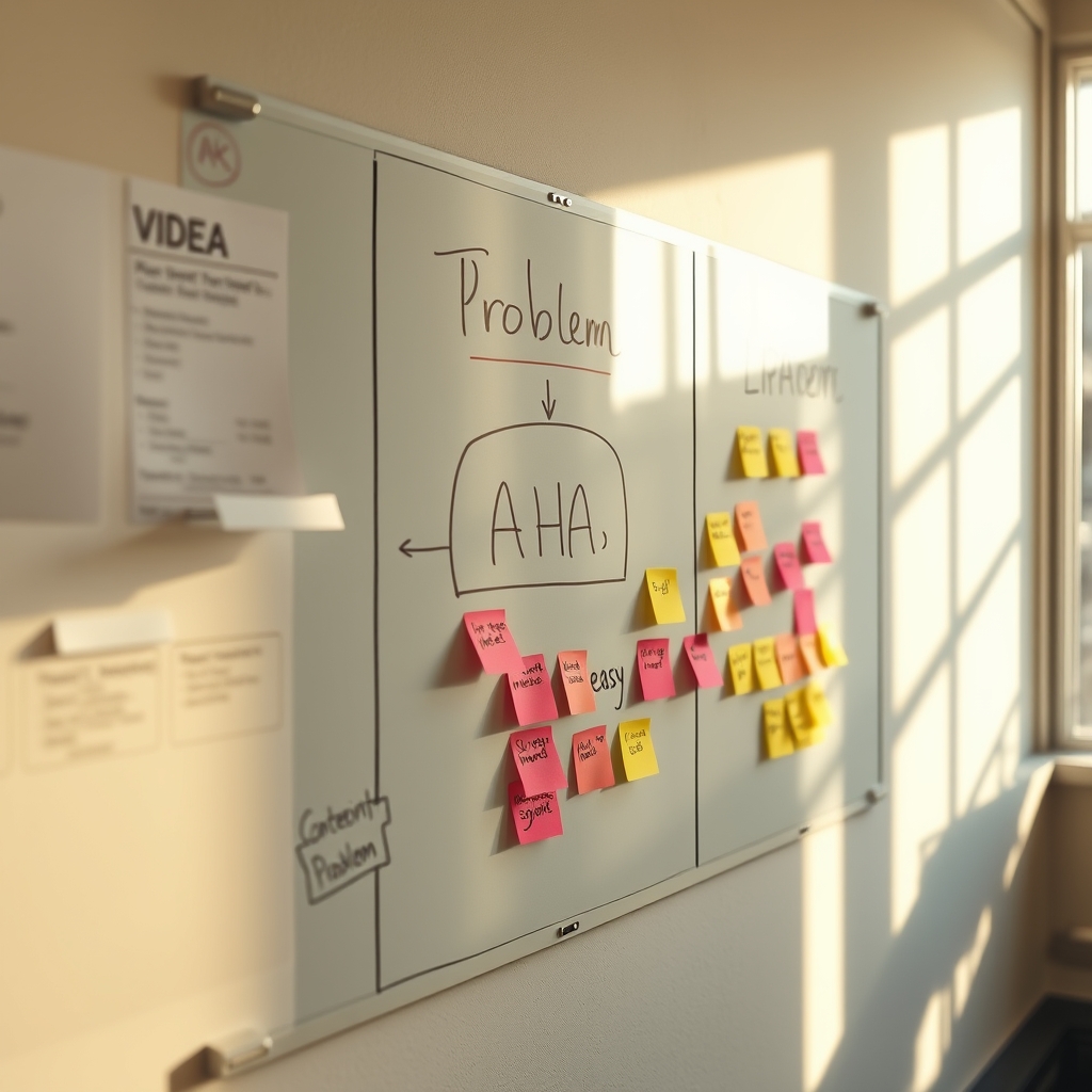 A content creator's storyboard wall, with sketches and sticky notes showing a video flow from 