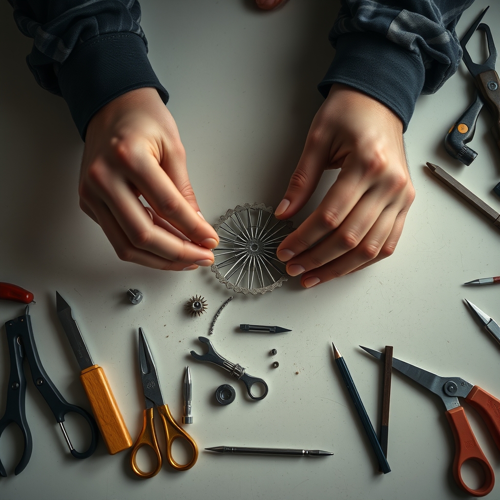 A top-down, serene shot of skilled hands meticulously assembling a delicate piece of craftsmanship, with each tool perfectly placed on a clean workspace.
