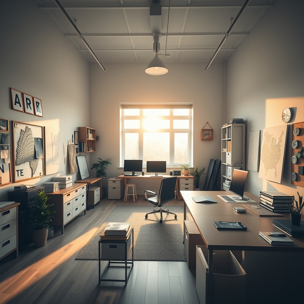 A wide, calm shot of a beautifully organized and minimalist creative studio at golden hour, sunlight streaming in, evoking a sense of peace, order, and professional harmony.