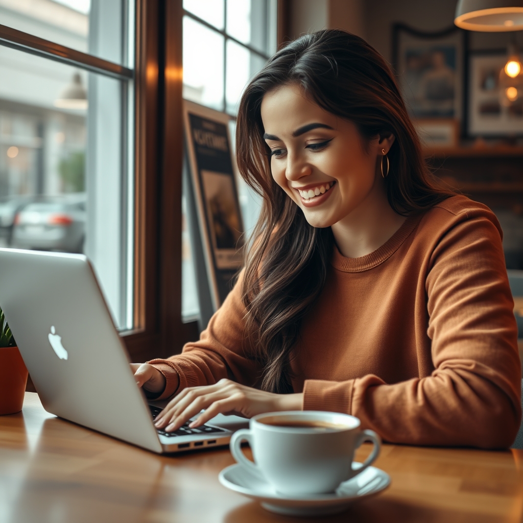 A person smiling warmly while reading a website on a laptop in a cozy cafe, with a cup of coffee beside them.
