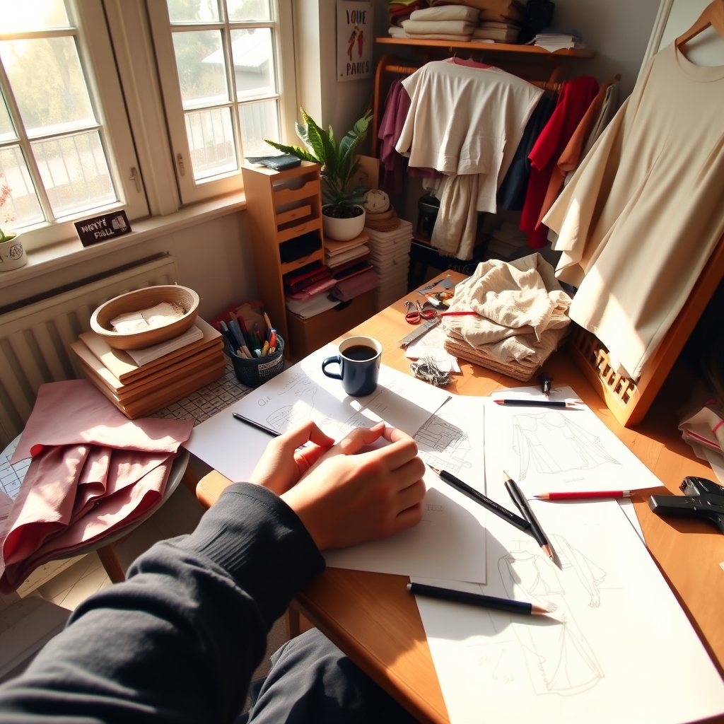 A cozy, sunlit studio workspace, slightly messy with fabric swatches, sketches, and a cup of coffee. The focus is on hands working, not a perfectly clean setup.