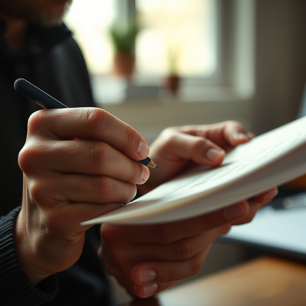 A candid, close-up shot of a designer's hands holding a prototype, with faint pencil marks and focused expression. The lighting is natural and soft.