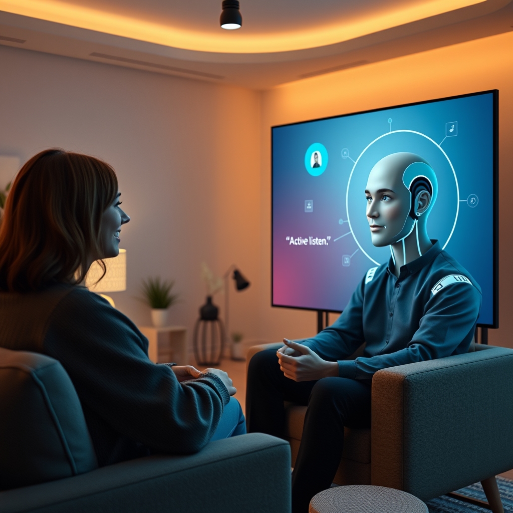 A warm, softly lit studio setting where a person is having a comfortable, engaging conversation with a lifelike AI avatar on a large screen, expressing empathy and active listening.