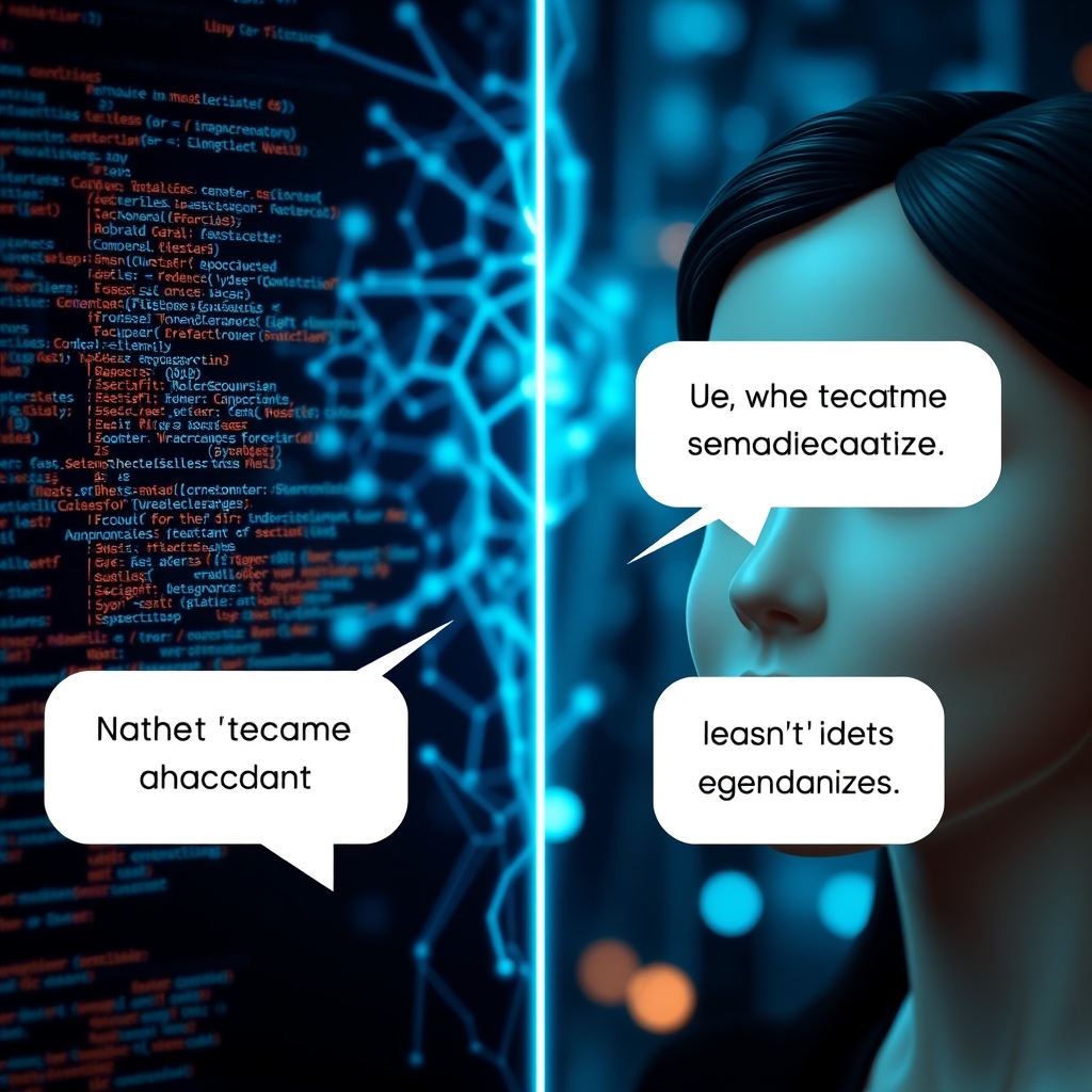 A split-screen view showing code and neural networks on one side, transforming into warm, understanding facial expressions and conversational bubbles with empathetic phrases on the other.