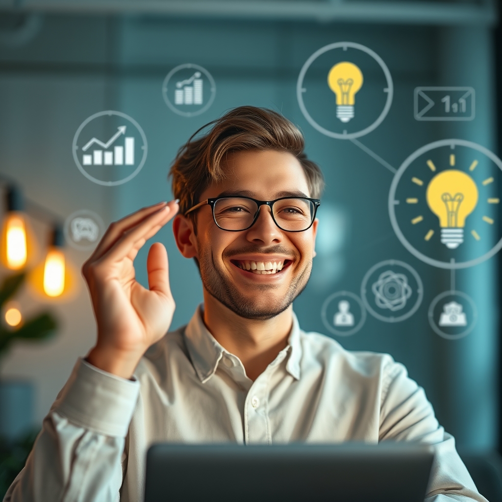 A person smiling with relief and confidence while interacting with an AI interview interface, surrounded by floating icons of growth, key insights, and a shining light bulb representing ideas.
