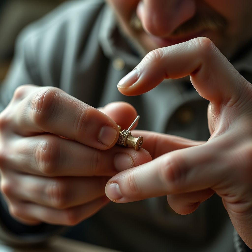 A close-up of a person's hands carefully assembling a delicate piece of craftsmanship, showing focus and precision.