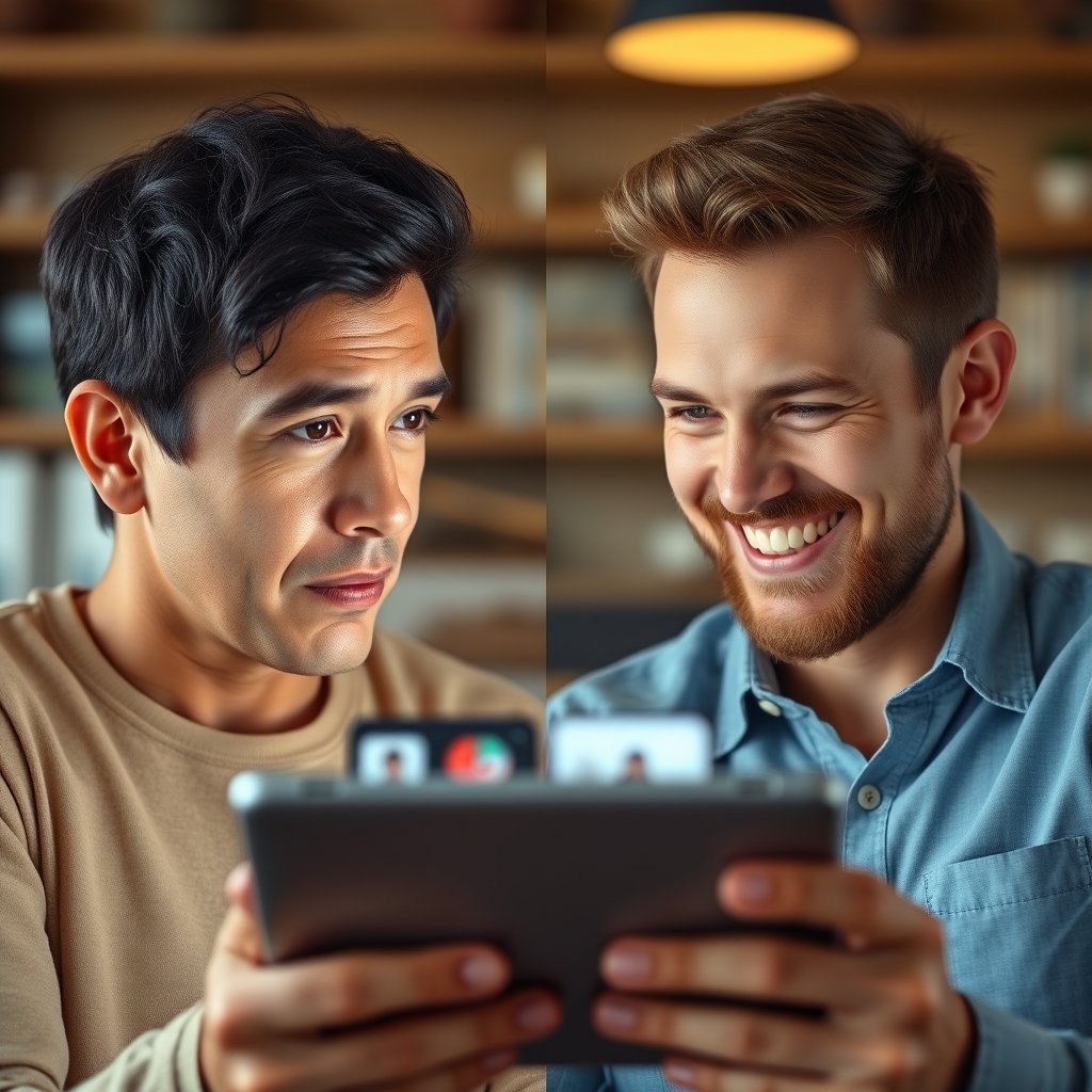 A split-screen showing a customer's skeptical face on one side transforming into a smiling, reassured face on the other side as they watch a video on a tablet.