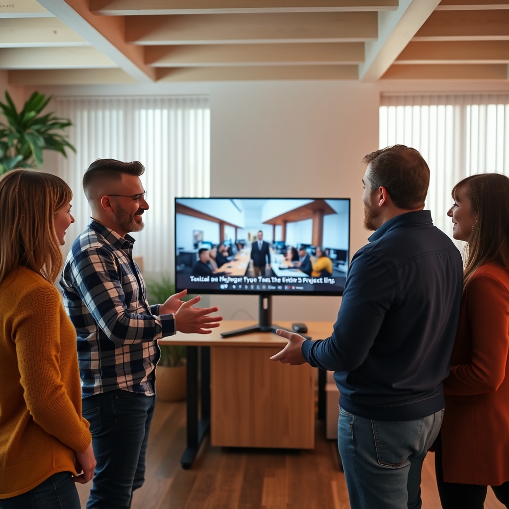 A warm, inviting scene of a team presenting a finished project to a client with a monitor showing a highlight video, everyone sharing a moment of trust and accomplishment.