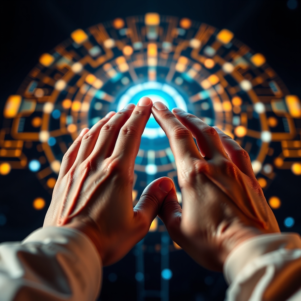 A close-up of human hands gently touching a glowing, abstract digital interface, symbolizing connection between warmth and technology.