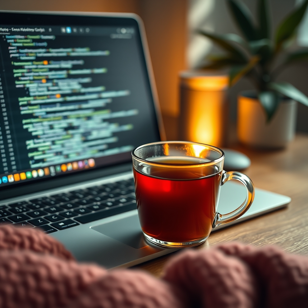A cozy, softly lit workspace with a cup of warm tea next to a laptop showing lines of code, blending comfort with creation.
