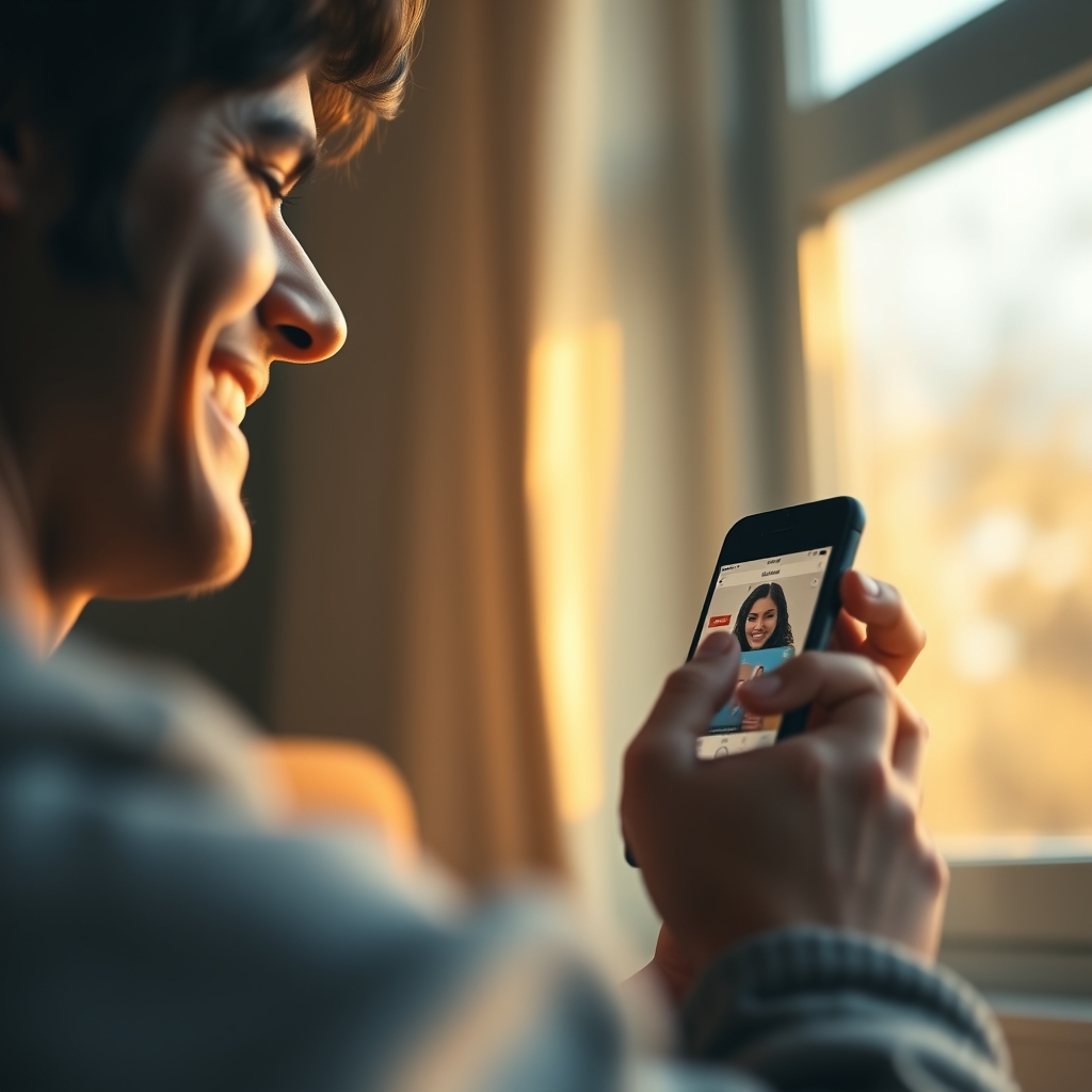 A person smiling while looking at a phone screen that displays a beautifully designed website, with warm light streaming through a window.