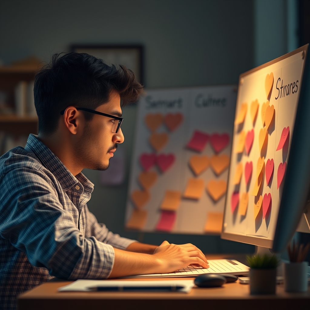 A person at a desk, looking thoughtfully at a storyboard with heart-shaped sticky notes, surrounded by warm light.