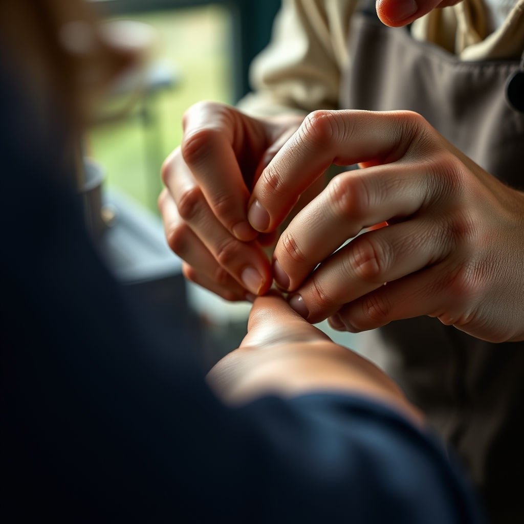 A close-up shot of hands crafting a product with care, focus on the details and genuine expression, natural lighting.