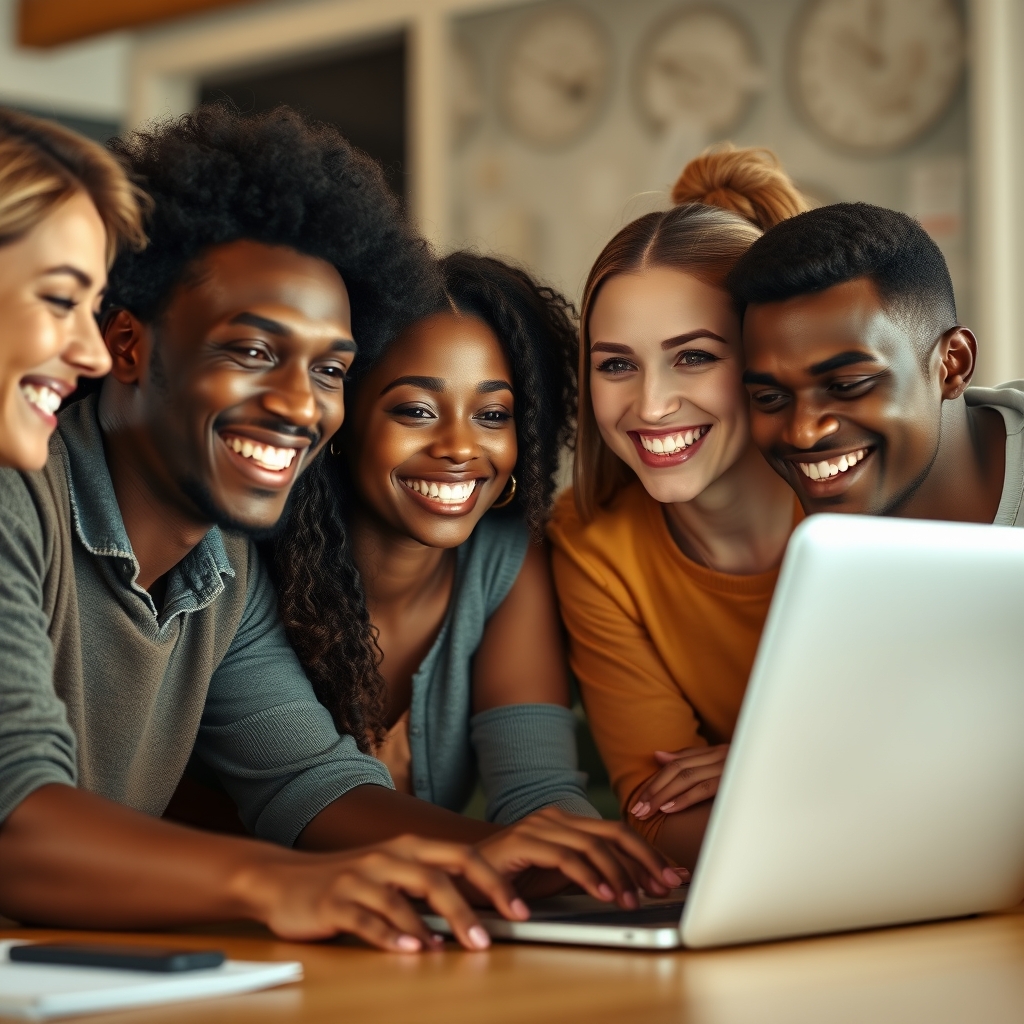 A diverse group of people smiling while watching a video on a laptop, their faces lit with genuine engagement and connection.