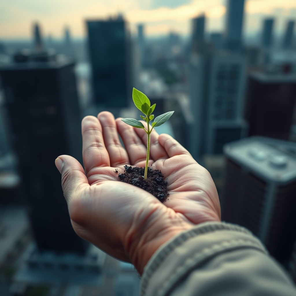 A close-up of weathered hands gently holding a single, vibrant green seedling, with a softly blurred background of a modern cityscape.