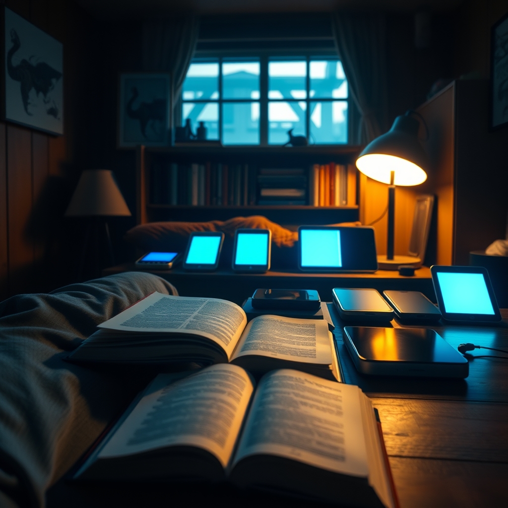 A cozy, warmly lit reading nook with a physical book open on a lap, in contrast to the cool blue light of multiple digital devices sitting unused on a nearby table.