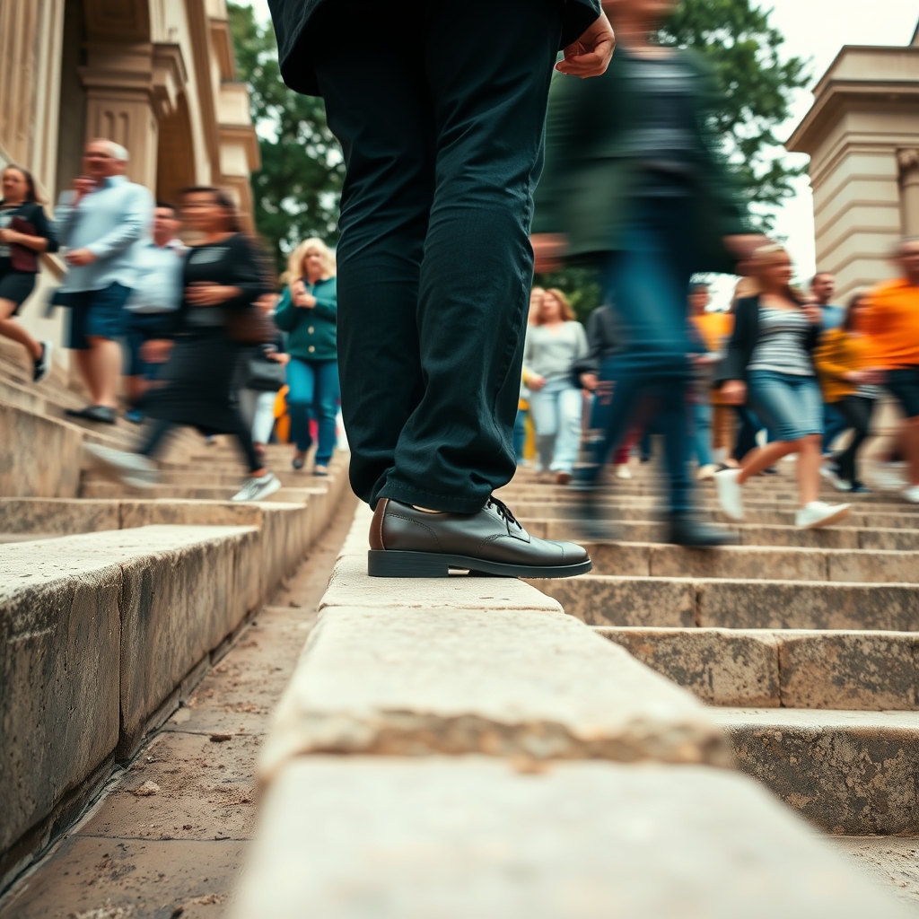 A person's feet standing firmly on solid, ancient stone steps, while in motion blur around them, a crowd of people rush by in modern attire.