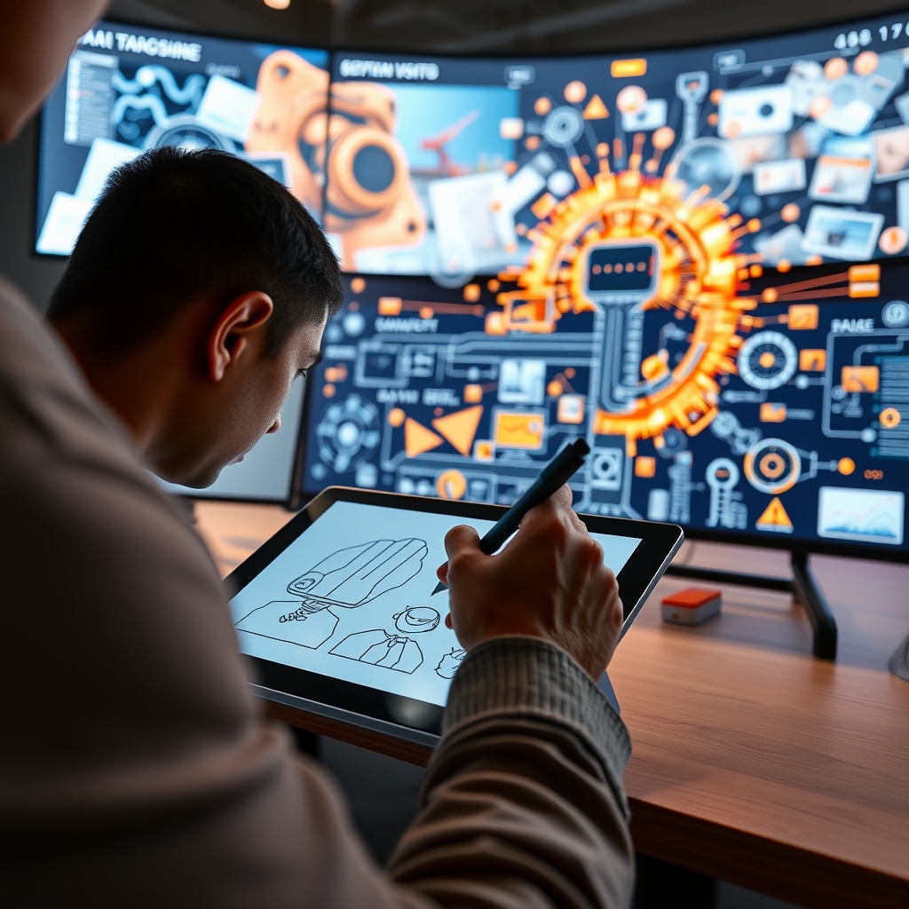 A designer's hand sketching on a tablet, with AI-generated visual concepts blooming on a large screen beside it, symbolizing collaboration.