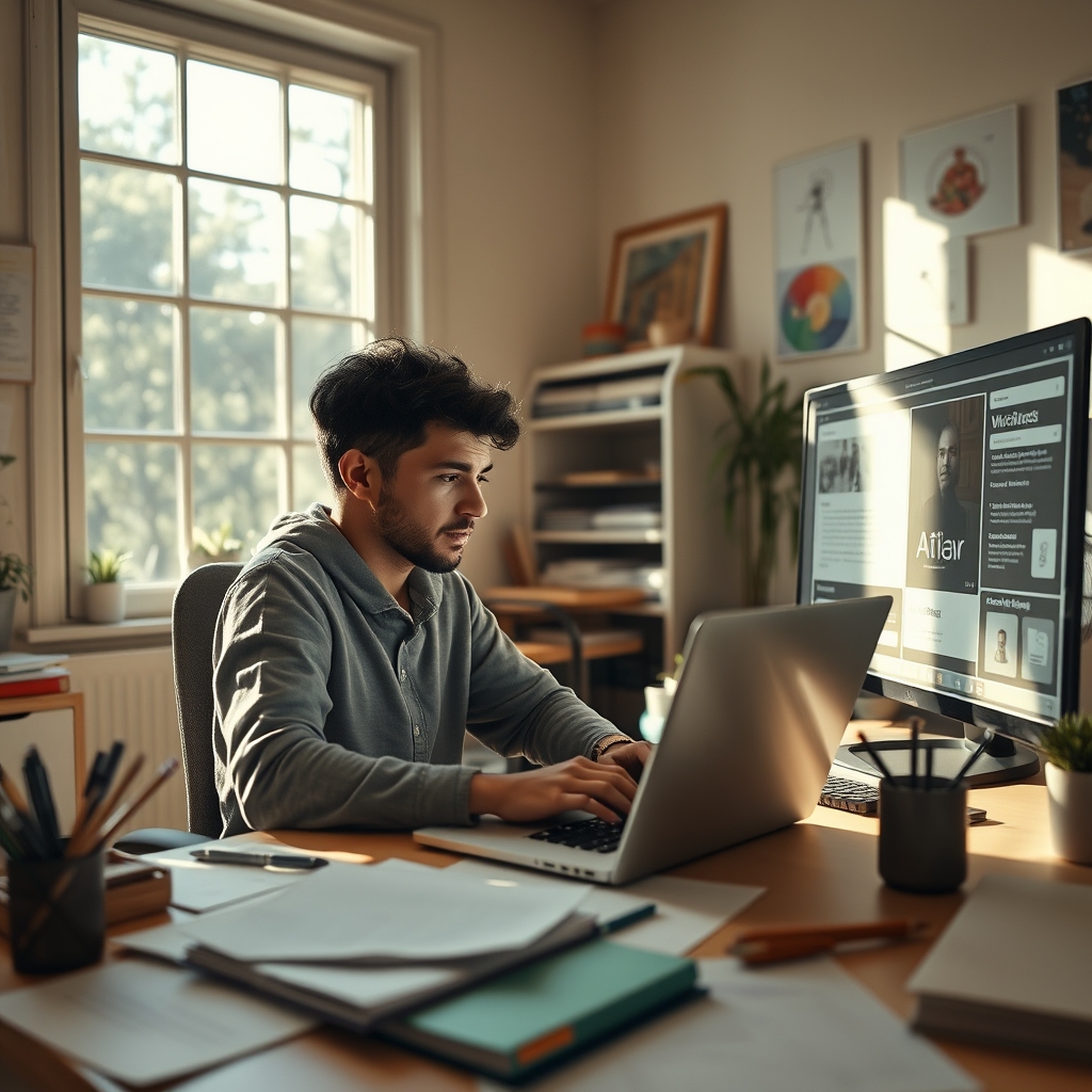 A cozy, sunlit home office where a person looks thoughtfully at a laptop, surrounded by notes and sketches, while a subtle AI interface suggests workflow optimizations on a secondary monitor.
