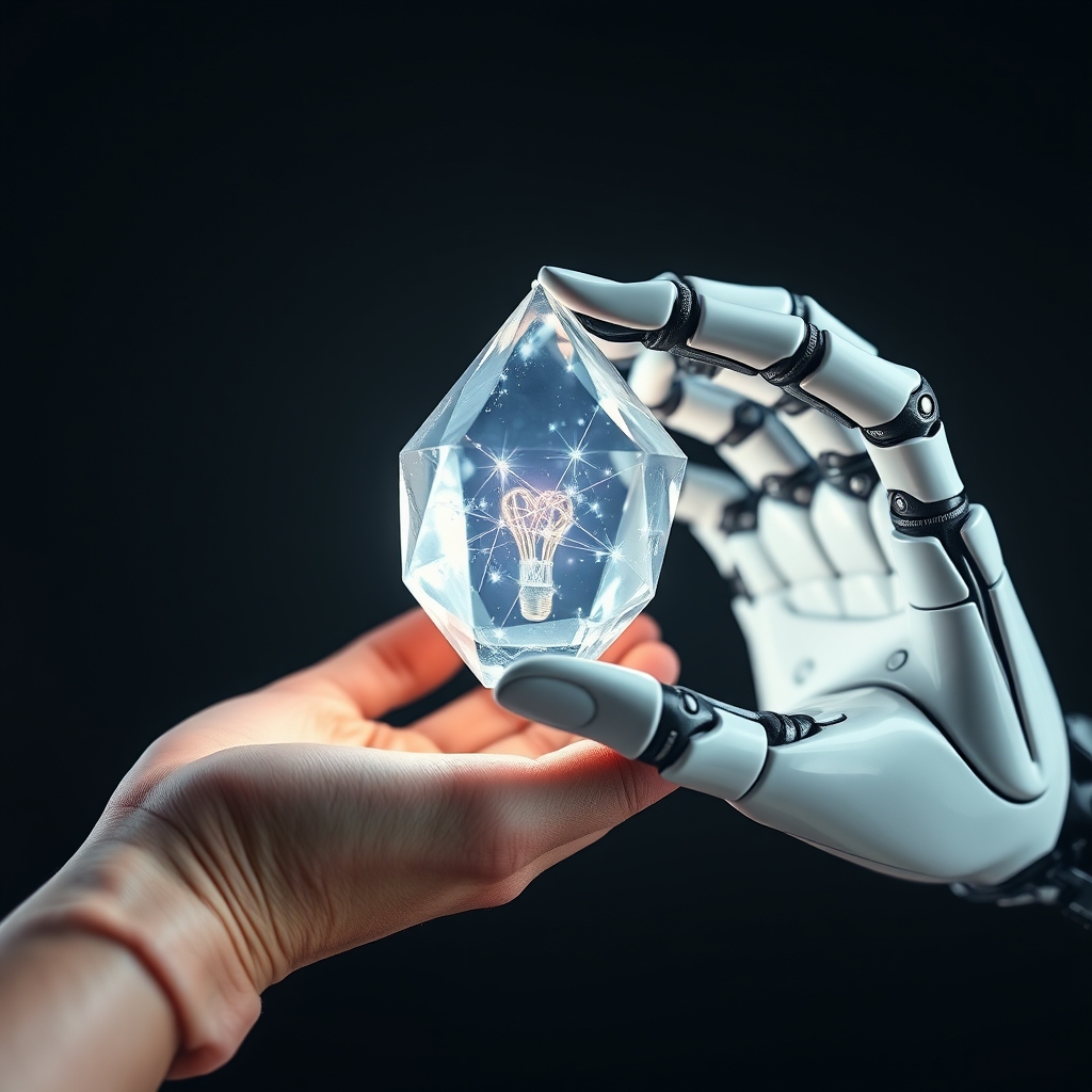 A metaphorical image showing a human hand and a robotic hand together holding a glowing, intricate crystal that represents a groundbreaking idea or innovation.