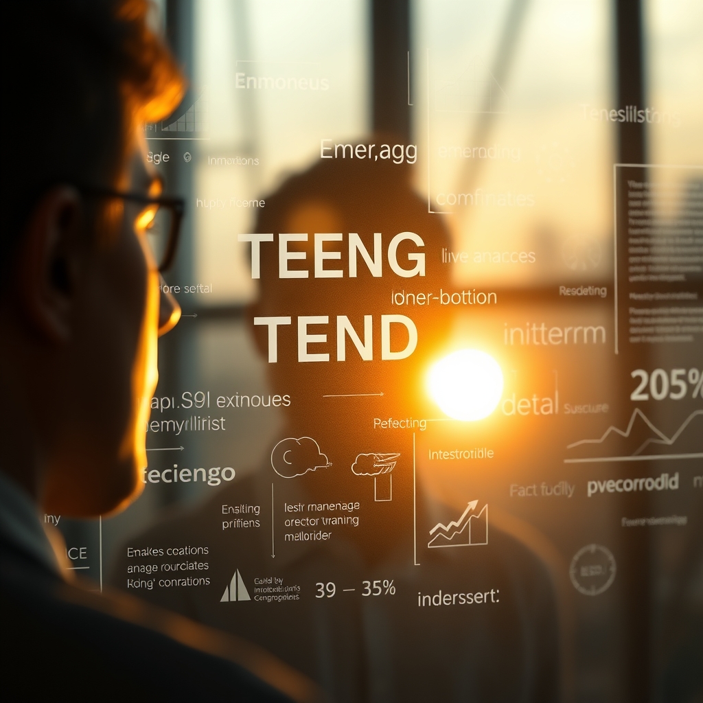 A person looking thoughtfully at a transparent board filled with fluid, morphing data visualizations and emerging trend keywords, with a warm morning light in the background.