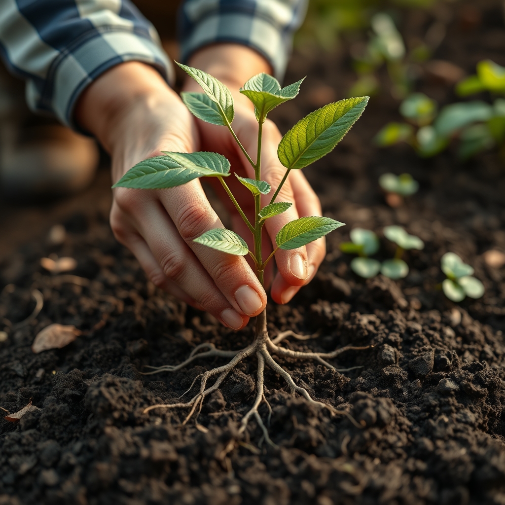 A close-up of a gardener's hands gently planting a young sapling with digital roots spreading into the soil, symbolizing nurturing future growth.