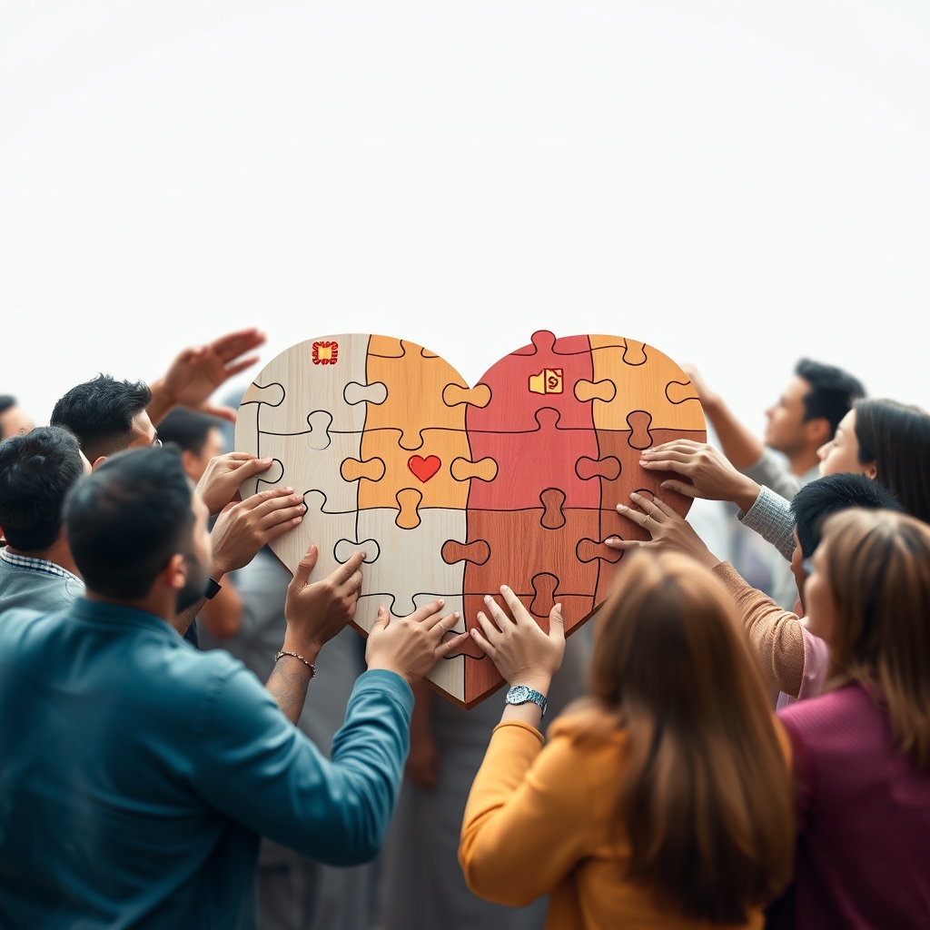 A diverse group of people connecting puzzle pieces that form a heart shape, with some pieces being digital icons, representing human connection aided by technology.