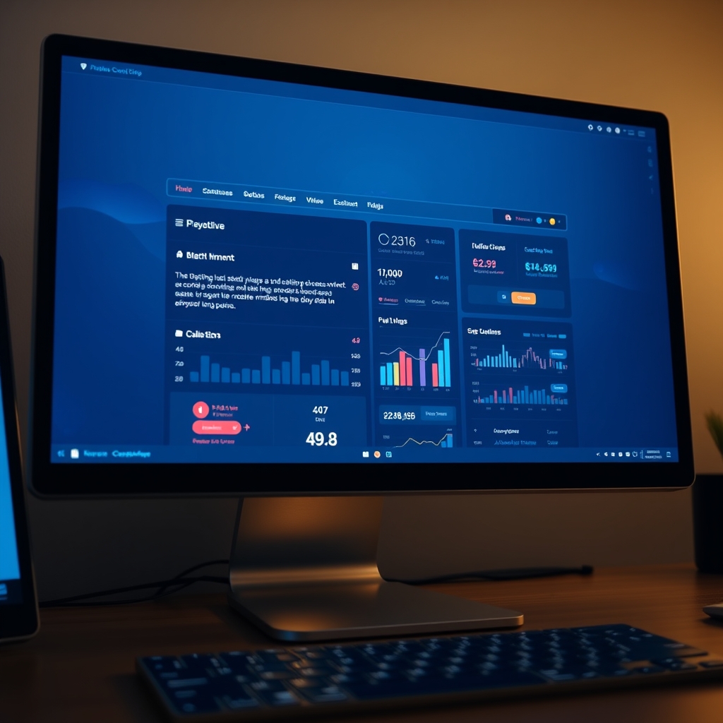 A sleek, modern website interface on a desktop screen, with subtle interactive animations like a gentle button glow and live data charts updating in real-time.